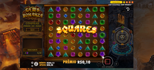 Modificador Squares ativado no slot Gems Bonanza.
